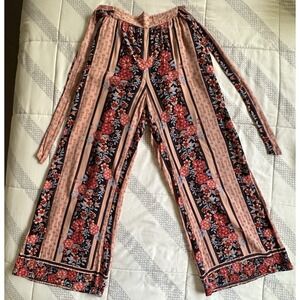 Blue Rain Floral Wide Leg Palazzo Pants Smocked Waist Pink Boho Size Small